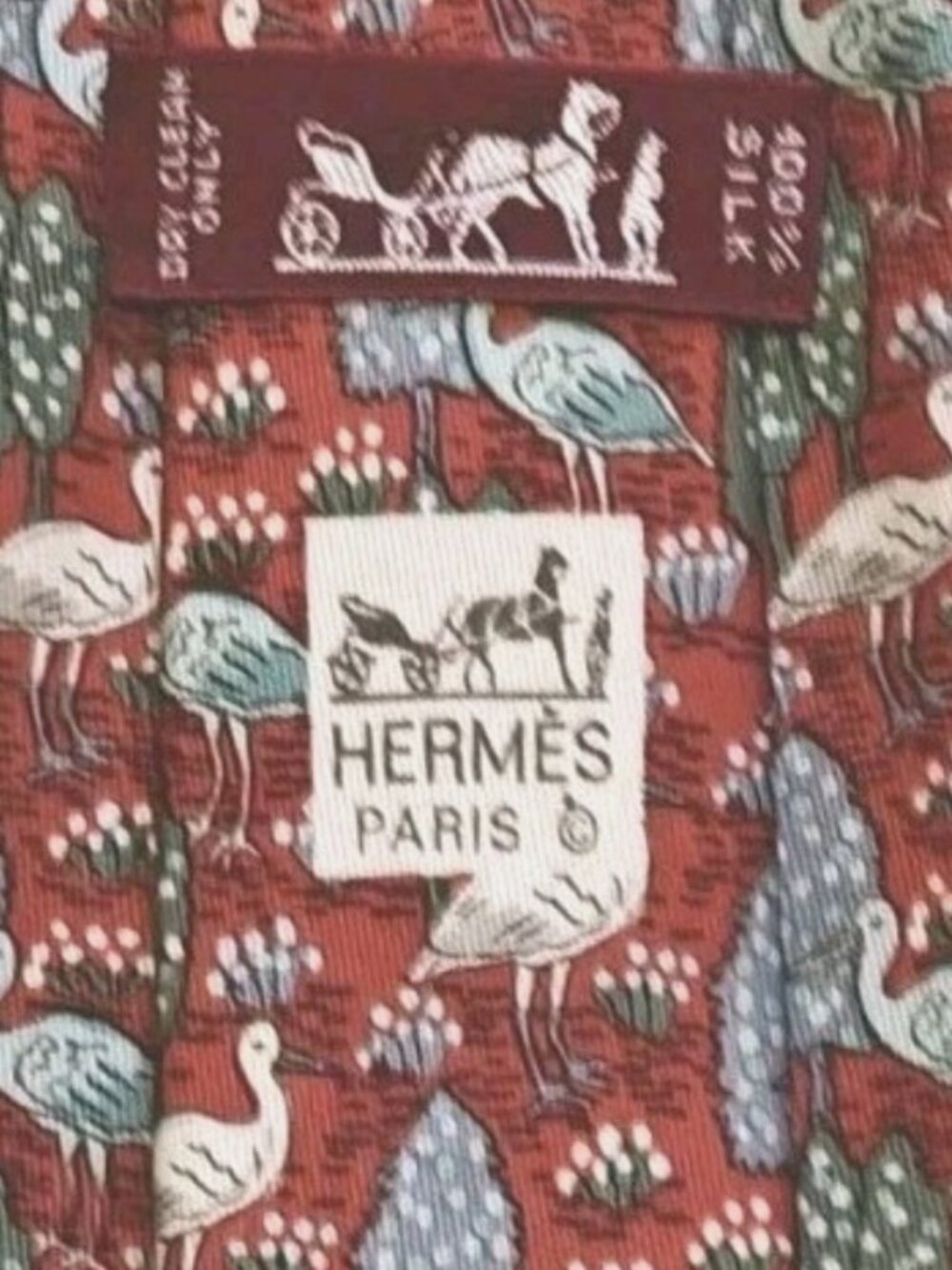 Hermes Men's Tie Silk Red 7631 PA Whimsical Heron Bird Tree/Plants 56.5" x 3.5"